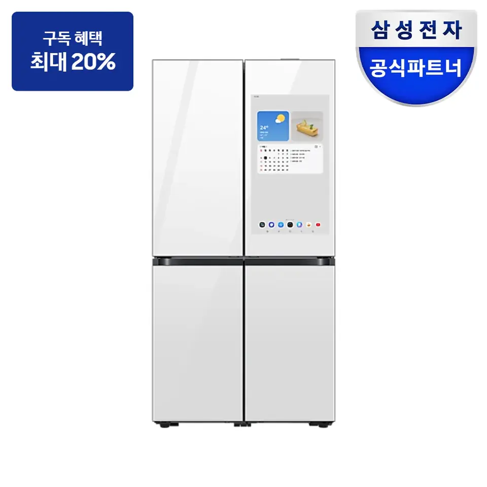 최대 혜택은 가입 조건에 따라 다르며, 구독료 지원은 대상 모델 최장 약정 기준 상당 멤버십포인트입니다. 삼성 비스포크 AI 패밀리허브 4도어 864L (81.2cm, AI 푸드매니저) 냉장고 사진 · 모델 RM90H91B1W